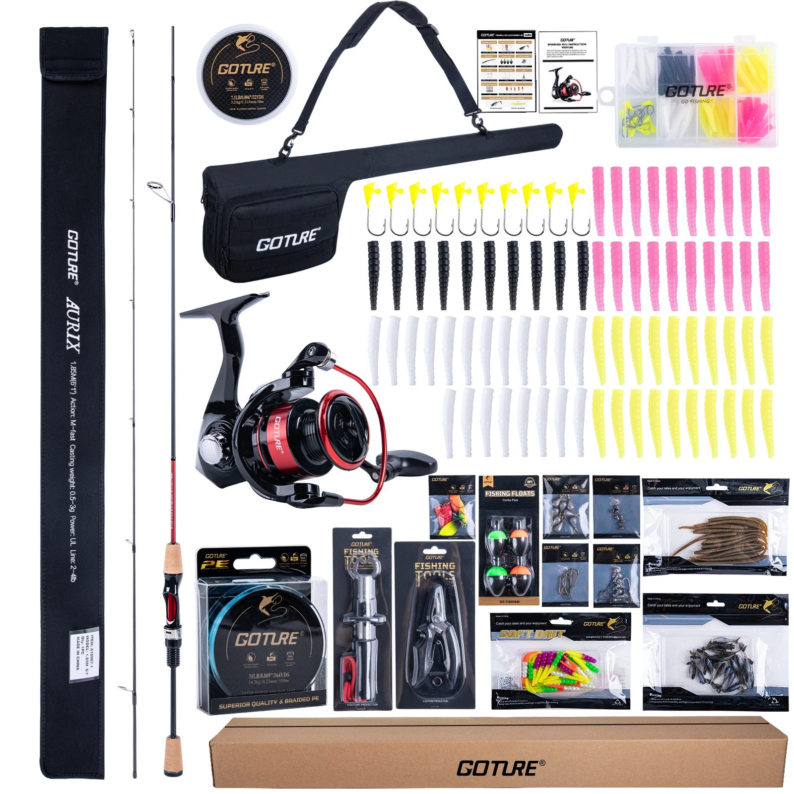 Combo de caña de pescar Goture, 2 secciones, 1,85 m, 1,98 m, aparejos portátiles de fibra de carbono con carrete 5,2: 1 y accesorios de pesca para viajes