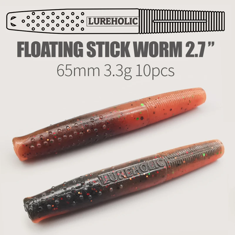 LUREHOLIC Flotante Stick Worm 2,7 "65 mm 3,3 g 10 piezas cebos blandos para pesca de lubina señuelo pesca - imagen 5