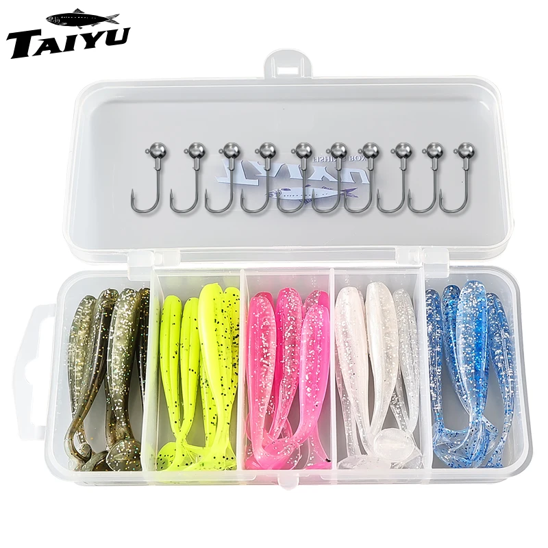 TAIYU 36 unids/set alta calidad 5 colores suave cola en T Kit de Señuelos de Pesca con anzuelos de cabeza de plomo cebo biónico Artificial al aire libre con caja
