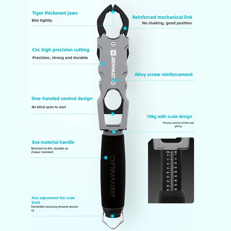 Abrazadera de señuelo todo en uno para pesca, agarre de Control de pescado, 18kg de carga, aluminio de aviación con Control de escala de pesaje - imagen 4