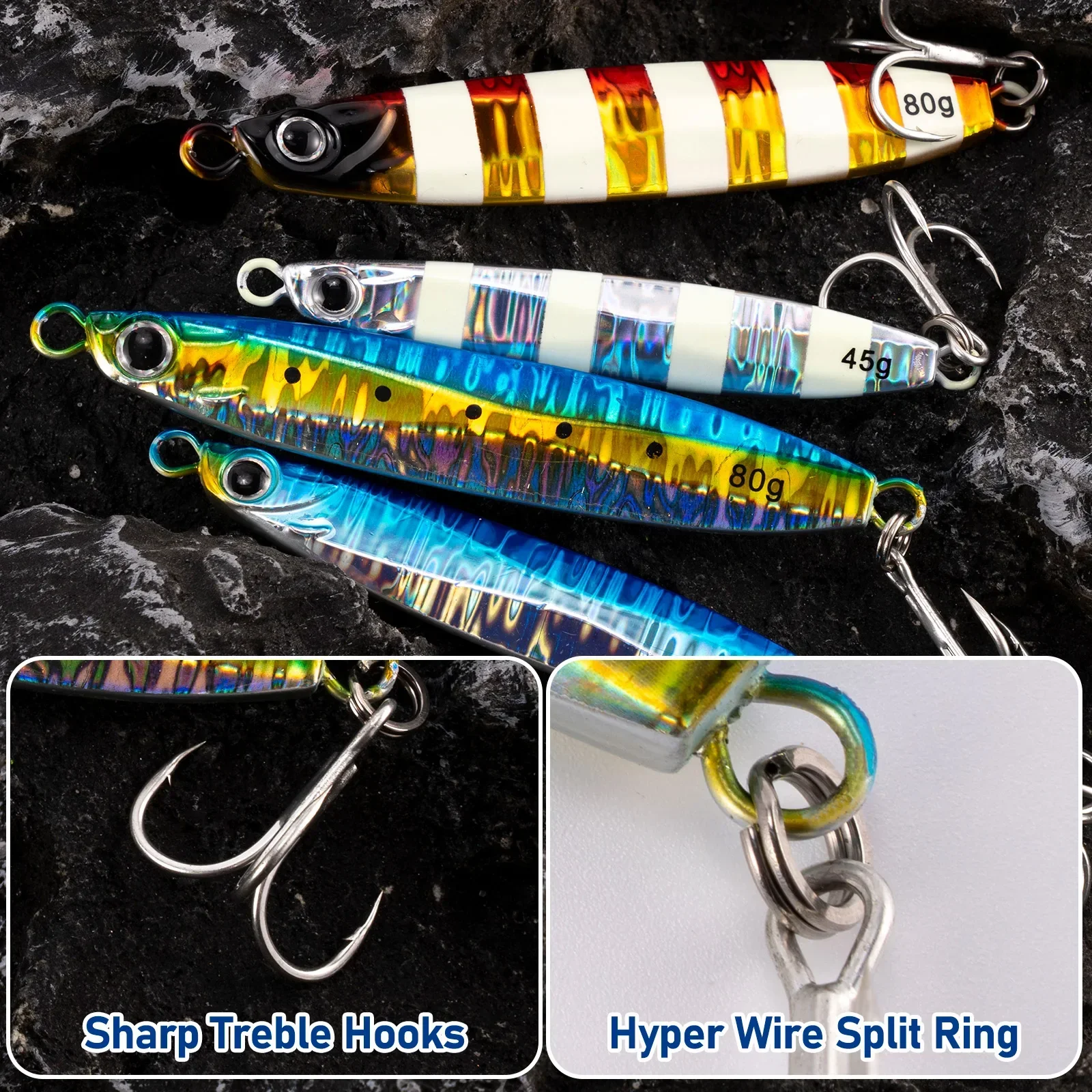 Señuelos de Pesca de Mar, anzuelos de Metal de 3 piezas, 45g, 60g, 80g, de fundición larga, Jigging, de hundimiento rápido - imagen 2