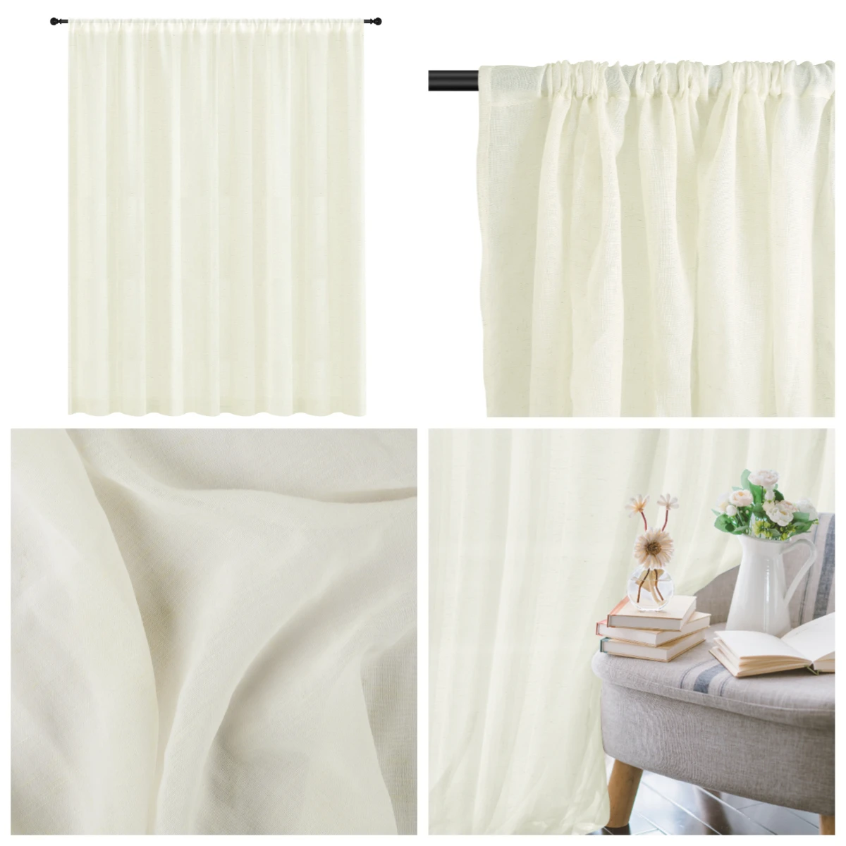 Cortina de gasa de lino Natural, cortinas de red con caída de 132CM, ventana con filtrado de luz, cortinas transparentes para dormitorio y sala de estar - imagen 5