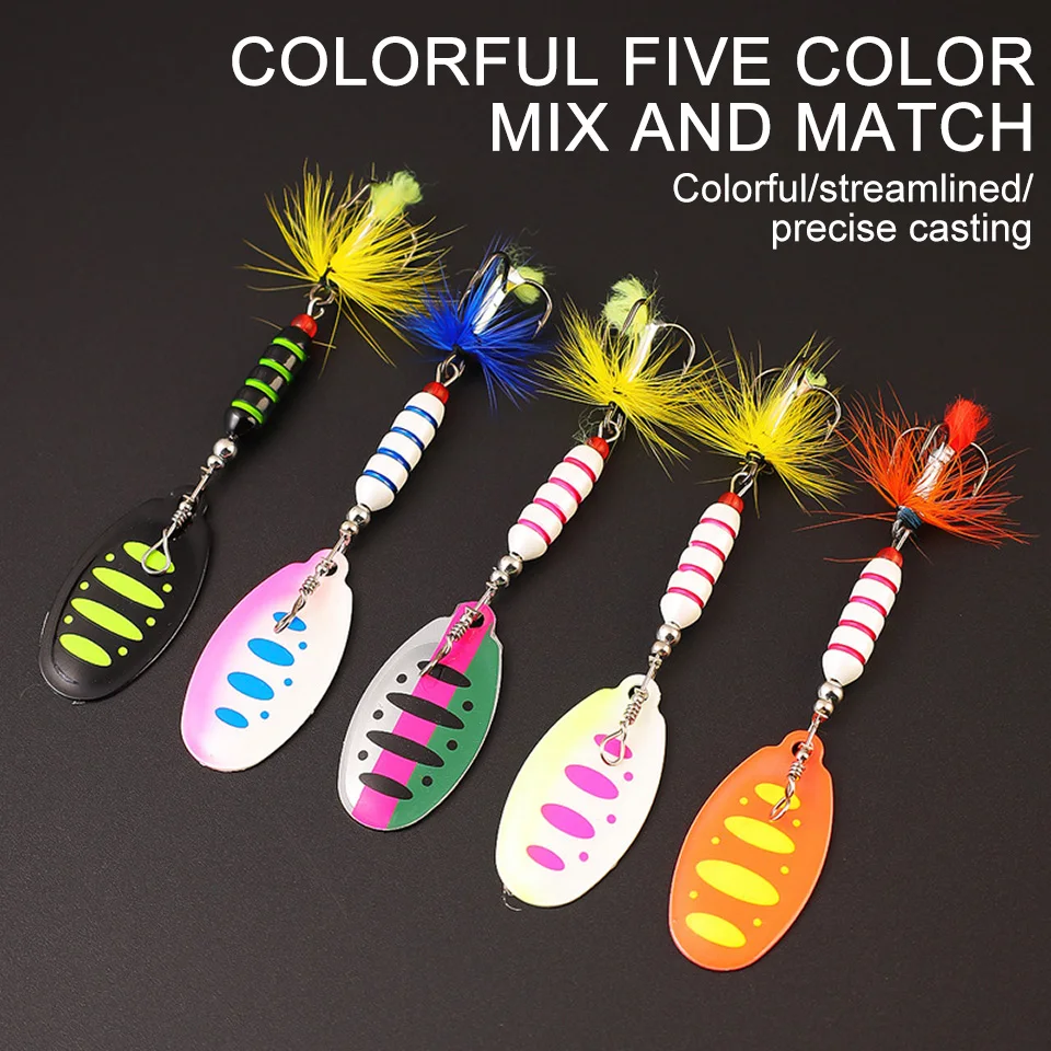 Señuelo giratorio de Metal para pesca, anzuelo triple de plumas, cuchara de agua salada, cebos duros para curricán, 5 piezas, 7g - imagen 2