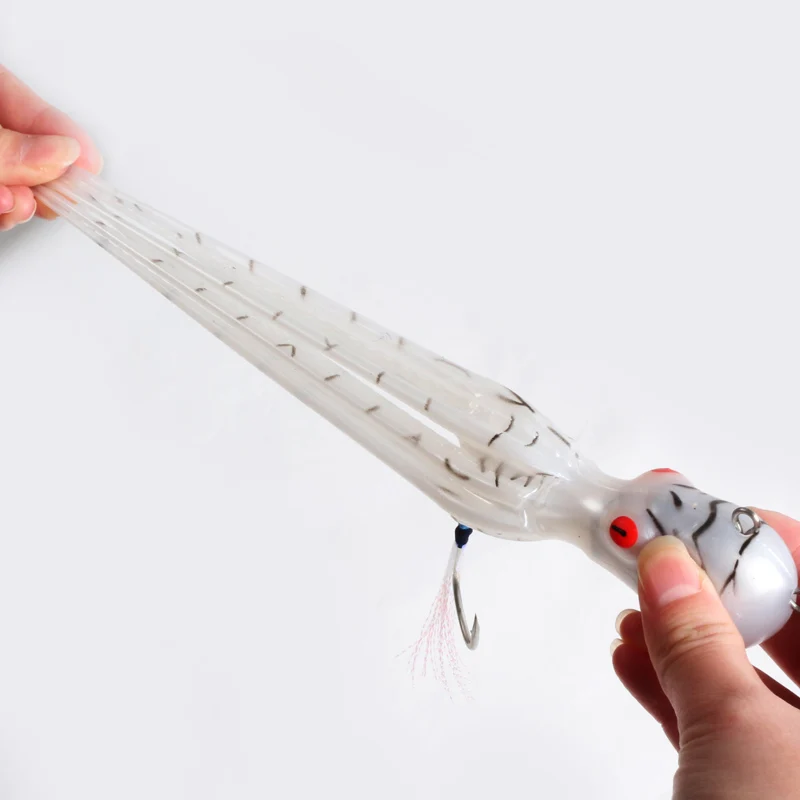 TEASER J80-señuelo de pesca Artificial, cebo de pulpo 3D de 60g, 110g, 150g, 200g, falda de calamar de cola larga de agua salada, TPE, suave, UV brillante - imagen 5