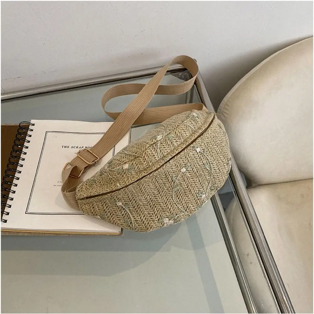 Bolso cruzado tejido de paja de hoja para mujer, bolso de cintura tejido de paja de malla de encaje, bolso de pecho tejido con correa ajustable ligera - imagen 3