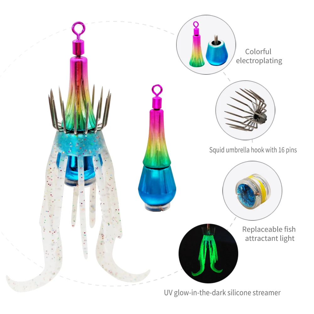Nuevos anzuelos de pesca de calamar, luces LED, señuelos ligeros de 38,5g/47,5g, anzuelo impermeable, plantilla de calamar, aparejos de pesca de camarones de madera - imagen 3