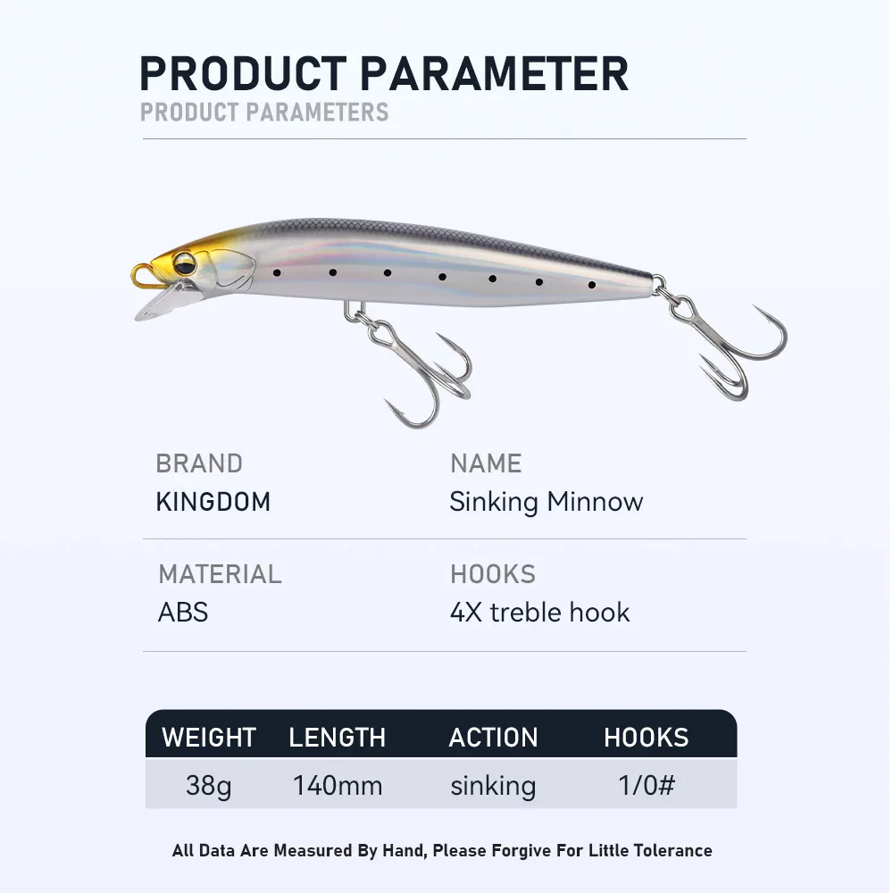 Señuelo de pesca KINGDOM, pececillo que se hunde, 38g, 140mm, cebos de pesca de fundición larga para agua salada, Seabait duro artificial para lubina oceánica - imagen 3