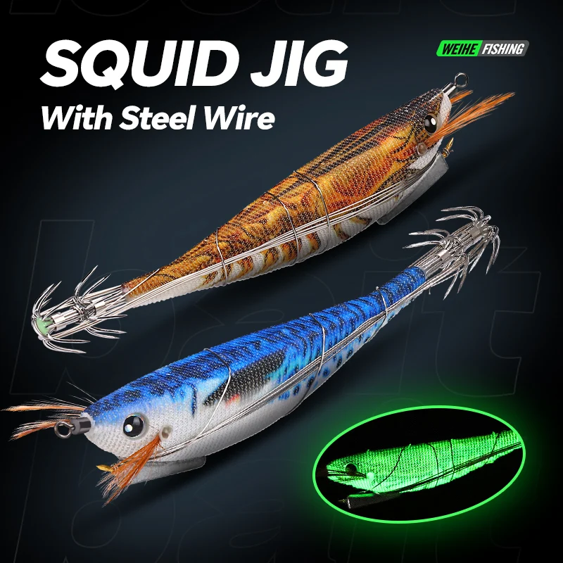 WEIHE 1 pcs/5 pcs staaldraad hout garnalen lichtgevende Luya nep aas inktvis haak contragewicht lood zeevissen