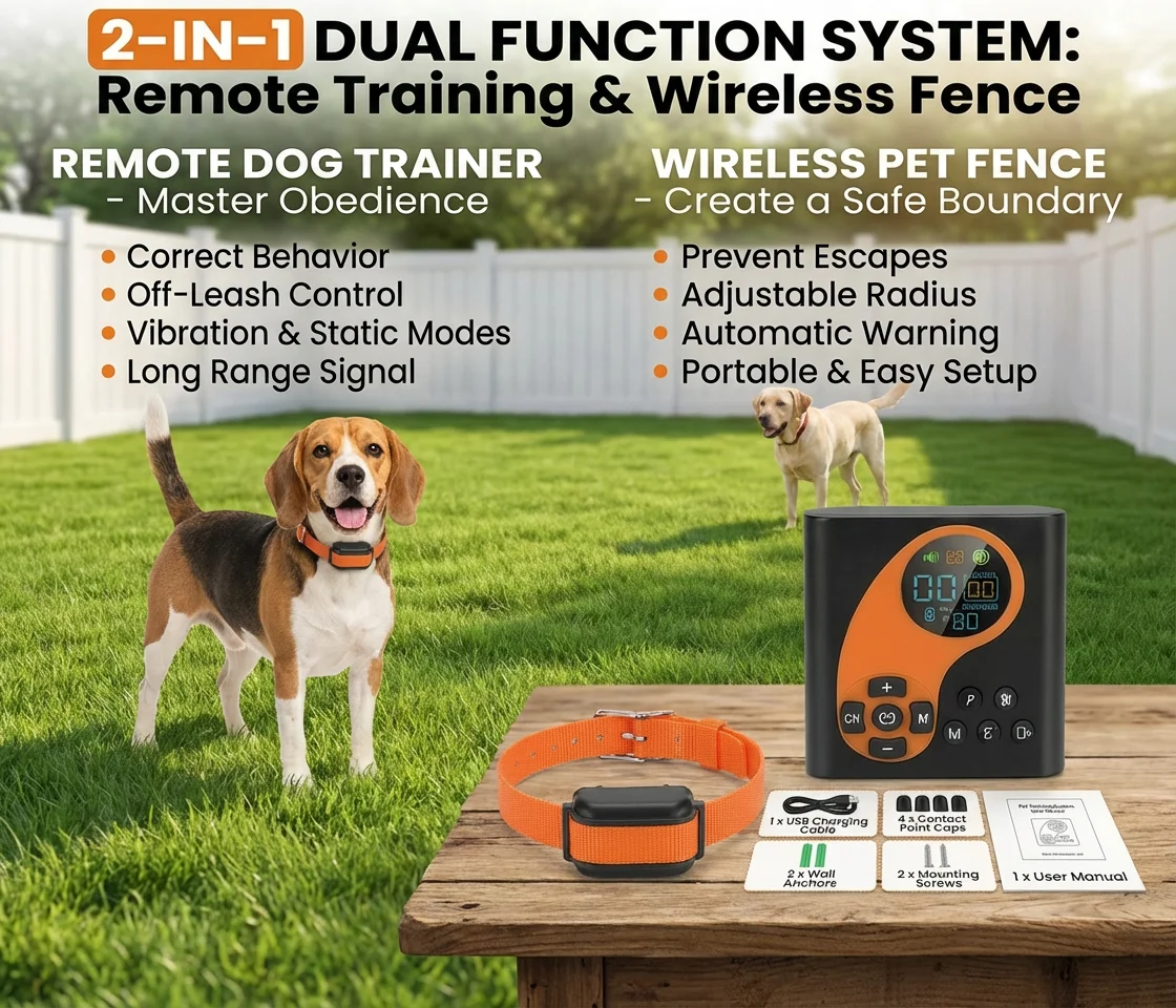 Valla eléctrica para perros inalámbrica con entrenador remoto, sistema de entrenamiento para mascotas 2 en 1, Collar de choque impermeable para perros, Control antiladridos - imagen 3