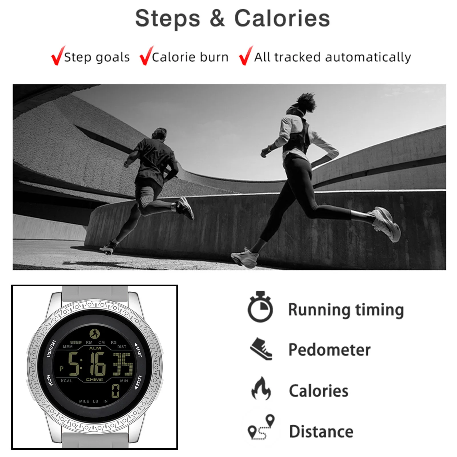 Reloj deportivo para exteriores 50M resistente a la lluvia FSTN pantalla semitransparente reloj de pulsera Dual City Time para mujer - imagen 5