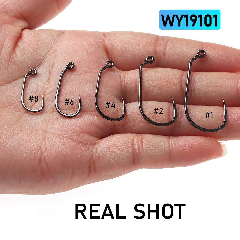 Wifreo 50 piezas # 1- # 14 anzuelos de pesca con mosca de 60 grados, sin púas, de acero al carbono, con espacio ancho/vástago largo, serpentina ninfa - imagen 4