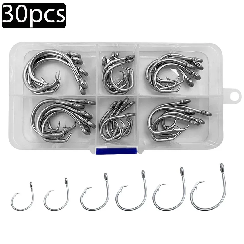 30 unids/caja 6/0 - 11/0 pesca en agua salada gancho circular de acero inoxidable anzuelo de cebo de juego grande para pesca de curricán de tiburones atún de aguas profundas - imagen 2