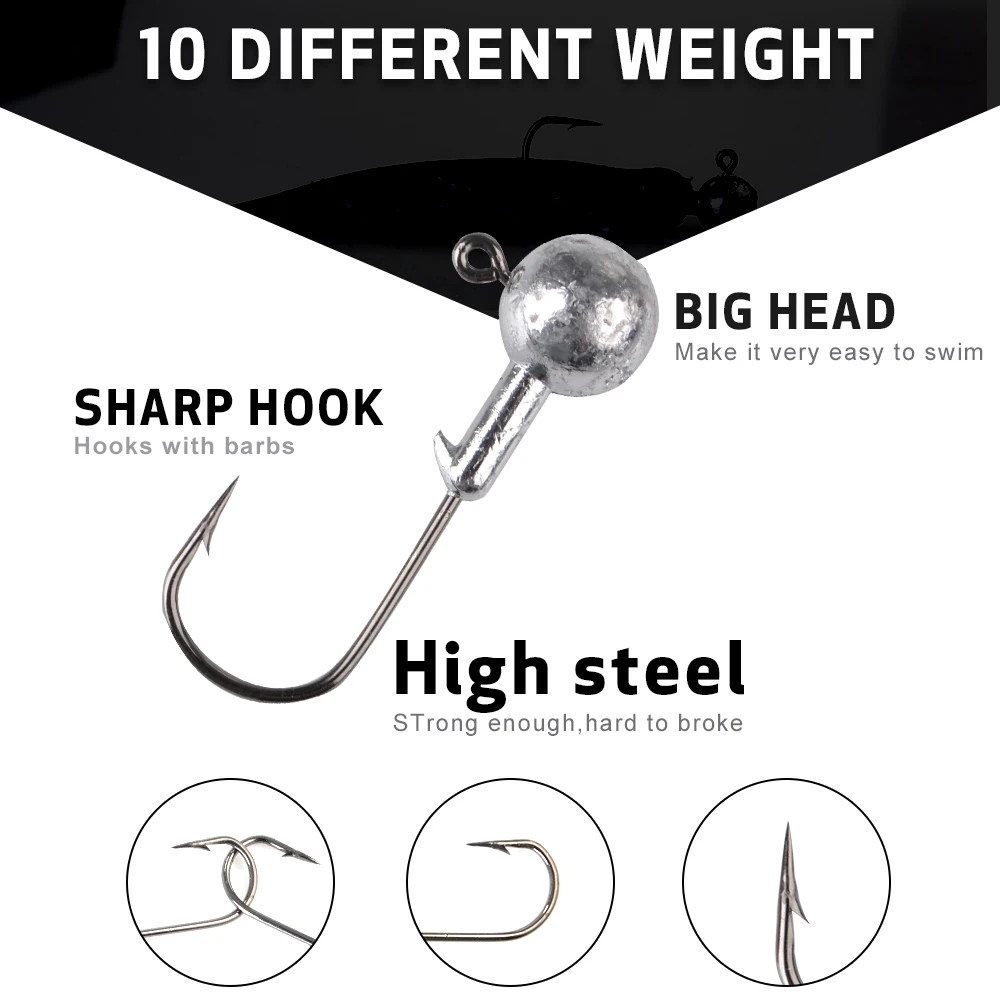 FTK-anzuelo con cabeza de anzuelo, 1g-20g, bola redonda de todos los tamaños, anzuelo con cabeza de anzuelo, anzuelos secundarios de vástago largo sin malezas para pesca de gusanos blandos - imagen 4