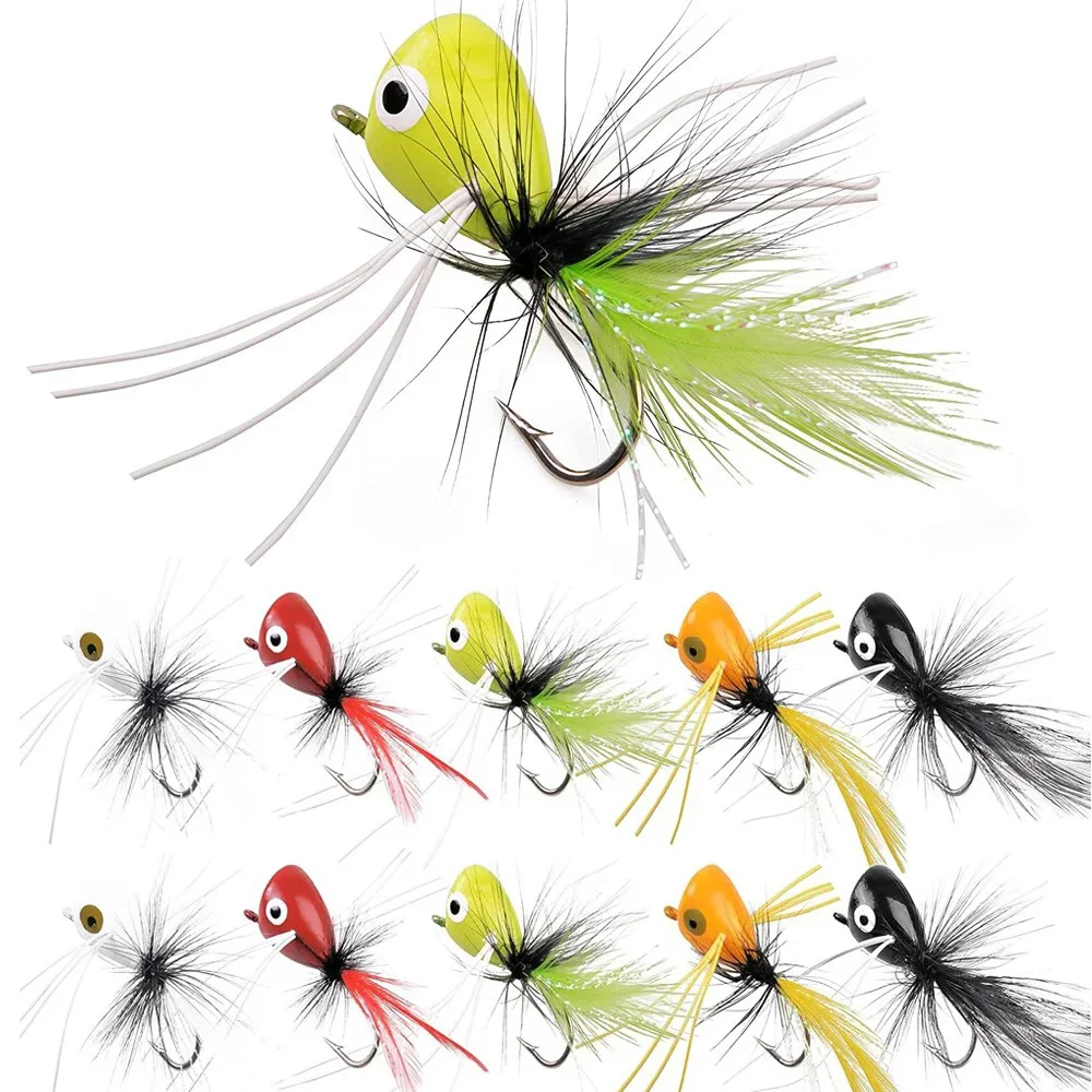 10 Uds pesca con mosca Popper moscas moscas secas pesca con mosca Popper señuelos Topwater Bass Panfish Poppers moscas señuelos cebos con ganchos