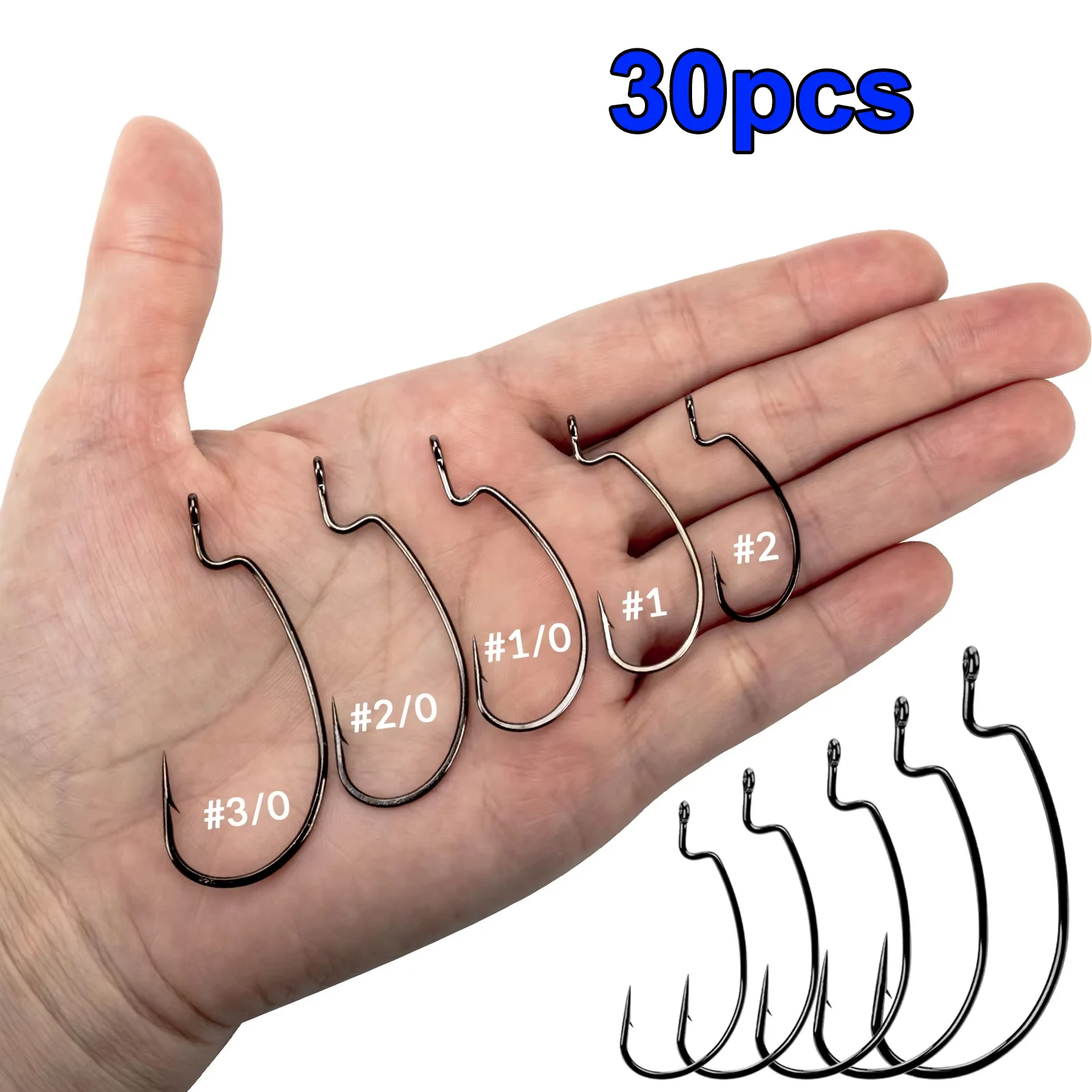 THKFISH 30 Uds anzuelos de pesca compensados anzuelo de manivela ancha de acero rico en carbono 3/0 #   1/0 #   1 #   2 #   Anzuelo de púas de pesca para Texas Rig