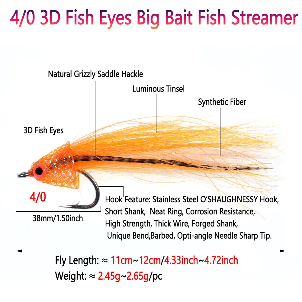 Bimoo 4/0 2pcs 4.33inch 3D Fish Eyes Big Bait Fish Streamer Stainless Steel Minnow Streamer Trout Pike Musky Sea Fishing Lures - imagen 2