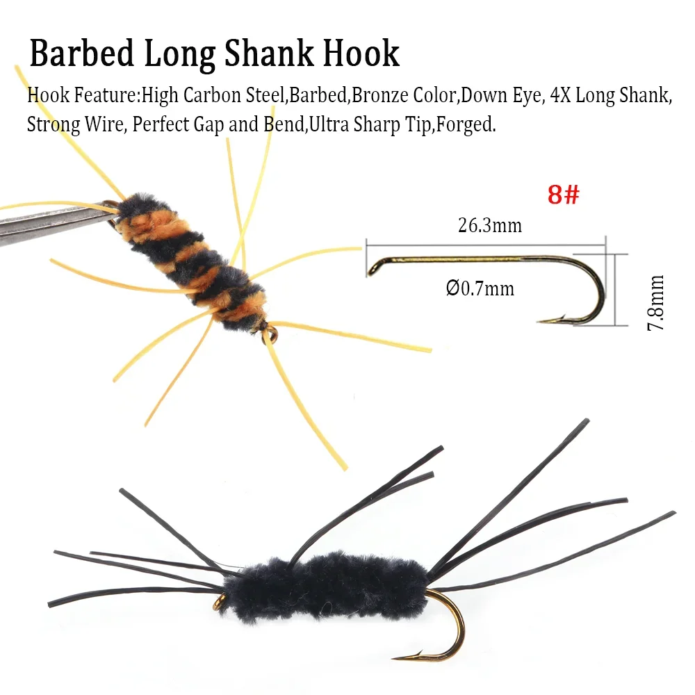 Wifreo, 6 uds., faja para insectos, piernas de goma, ninfa, mosca, cuerpo de chenilla, mosca de piedra, ninfa, moscas de pesca con mosca, trucha, lubina, señuelo de pesca, tamaño de anzuelo # 8 - imagen 4
