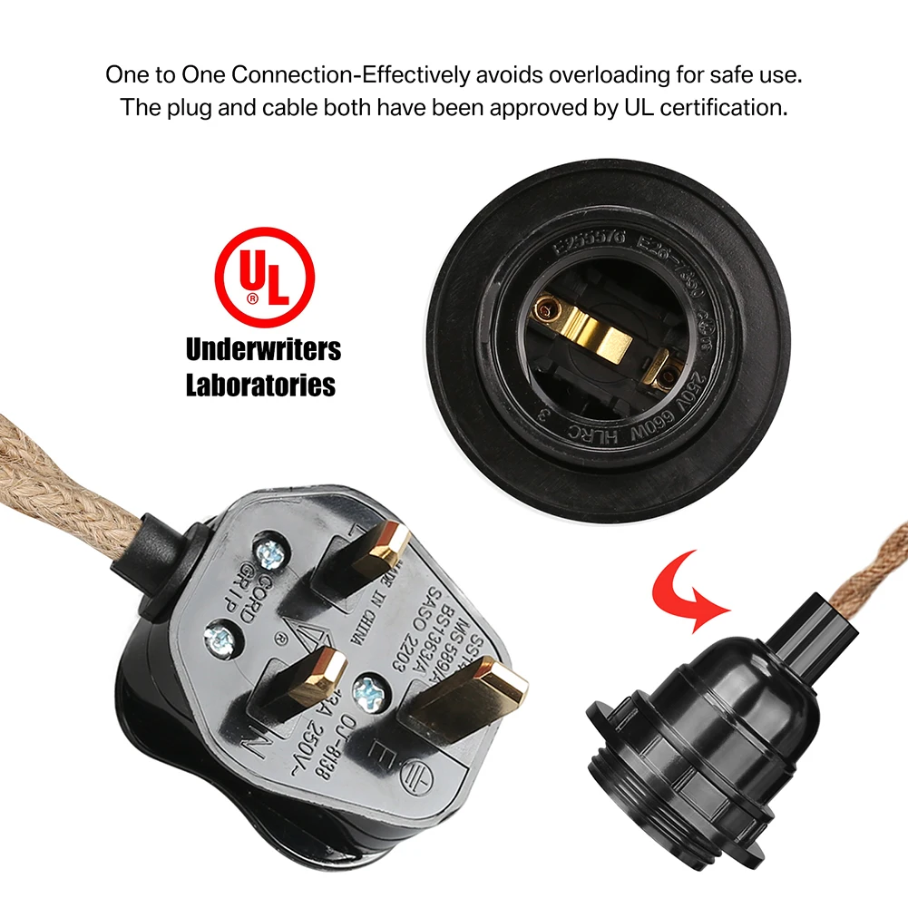 Luz colgante de techo, accesorio de iluminación E27, Kit de portalámparas suspendido con cable de enchufe, cuerda de cáñamo, enchufe del Reino Unido - imagen 4