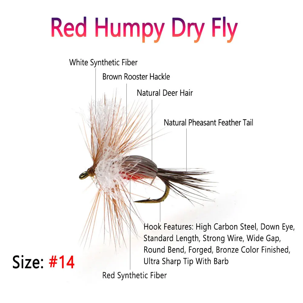 Bimoo 6PCS 14 # Barb Brown Hackle Red Humpy mosca seca mosca flotante Artificial May Fly Caddis Fly Grayling trucha Señuelos de pesca cebo - imagen 2