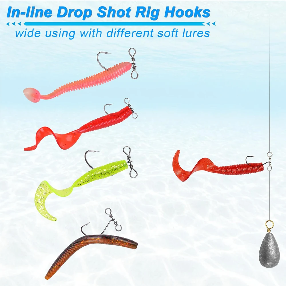 Anzuelos de tiro caído en línea, aparejo de plantilla de tiro hacia abajo, gancho de pesca de lubina de gusano de gran espacio con conector giratorio para pesca de señuelo de trucha, 20 piezas - imagen 5