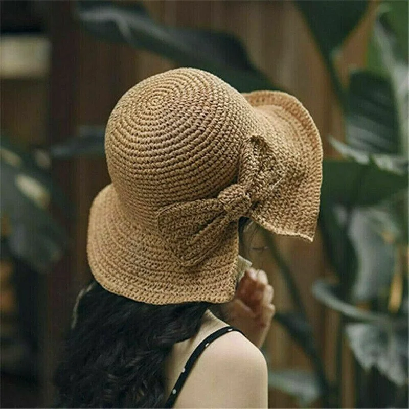 Nuevo sombrero de paja femenino con lazo de ganchillo, gorro de lavabo de verano, sombrero plegable para el sol y la playa, ala ancha, sombreros de playa plegables de princesa para niños - imagen 5