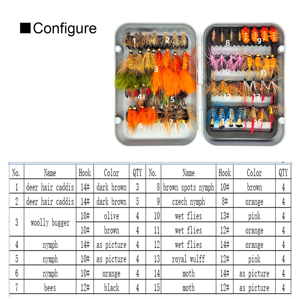 Kylebooker-Kit de pesca con mosca de 64 piezas, surtido de Señuelos de Pesca, ninfa Streamer, juego de moscas de pesca para trucha, lubina, salmón, Steelhead - imagen 2