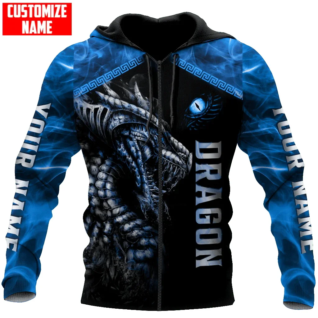 Sudadera con capucha para hombre con estampado 3D de tatuaje de dragones azules, sudadera con capucha Unisex con cremallera, chándales informales KJ991 - imagen 3
