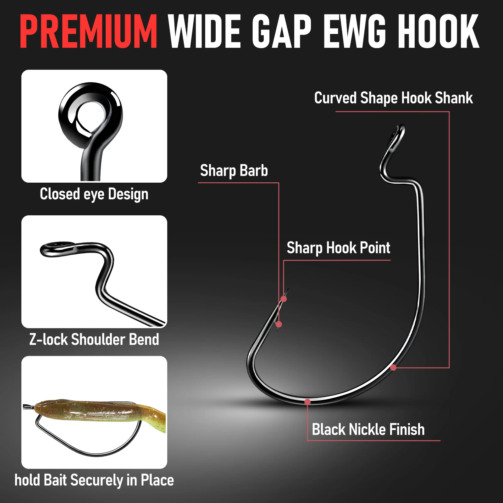 100 Uds EWG gancho pesca de lubina anzuelos de gusano Kit Extra ancho espacio 2X fuerte para señuelo suave Texas Rig Drop Shot Carolina Rig agua salada - imagen 4