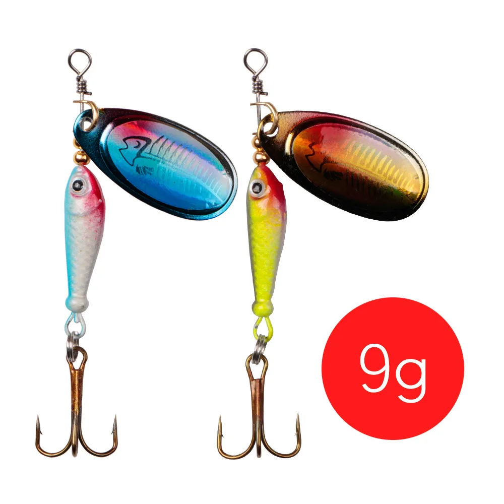 Iscas de lentejuelas de 9,1g y 7cm, cebos duros artificiales, Spinner giratorio de Metal, Señuelos de pesca, guapa, Lucio, anzuelo triple, accesorios de aparejos