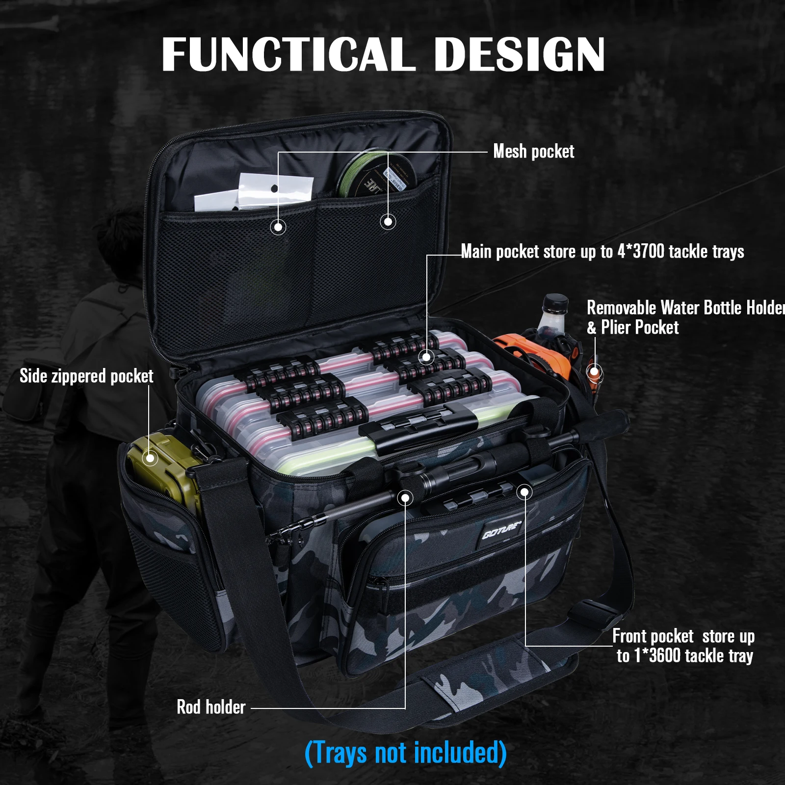 Goture-bolsa de aparejos de pesca impermeable, mochila para exteriores de 37x24x29cm, bolsa de almacenamiento de aparejos de pesca con señuelo multifuncional de gran capacidad - imagen 2