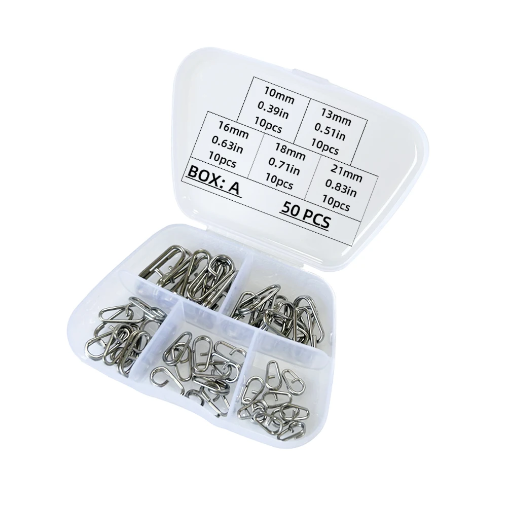 50 unids/caja anillos divididos pesca Snap conectores de señuelo de pesca pesca de agua salada anillos divididos ovalados anillos giratorios de acero inoxidable