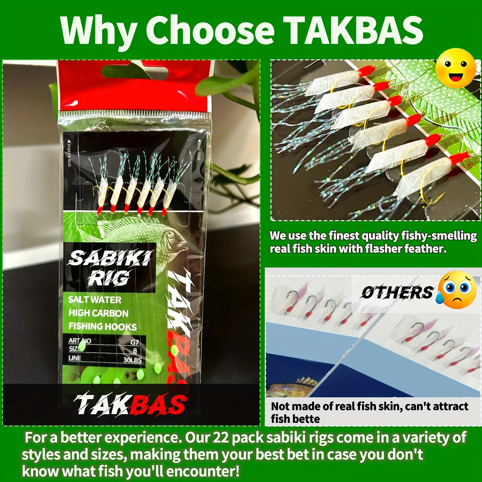 10packs Sabiki Rigs, Cebo de pesca de agua salada, Ganchos emplumados de piel de pez real para agua dulce, Flasher Sabiki Rig para caballa - imagen 3