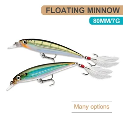 Señuelos de pesca flotantes, 8cm, 7g, Wobbler, anzuelo de pluma láser de fundición larga, cebo duro Artificial, Jerkbait, trucha, lubina, MN601