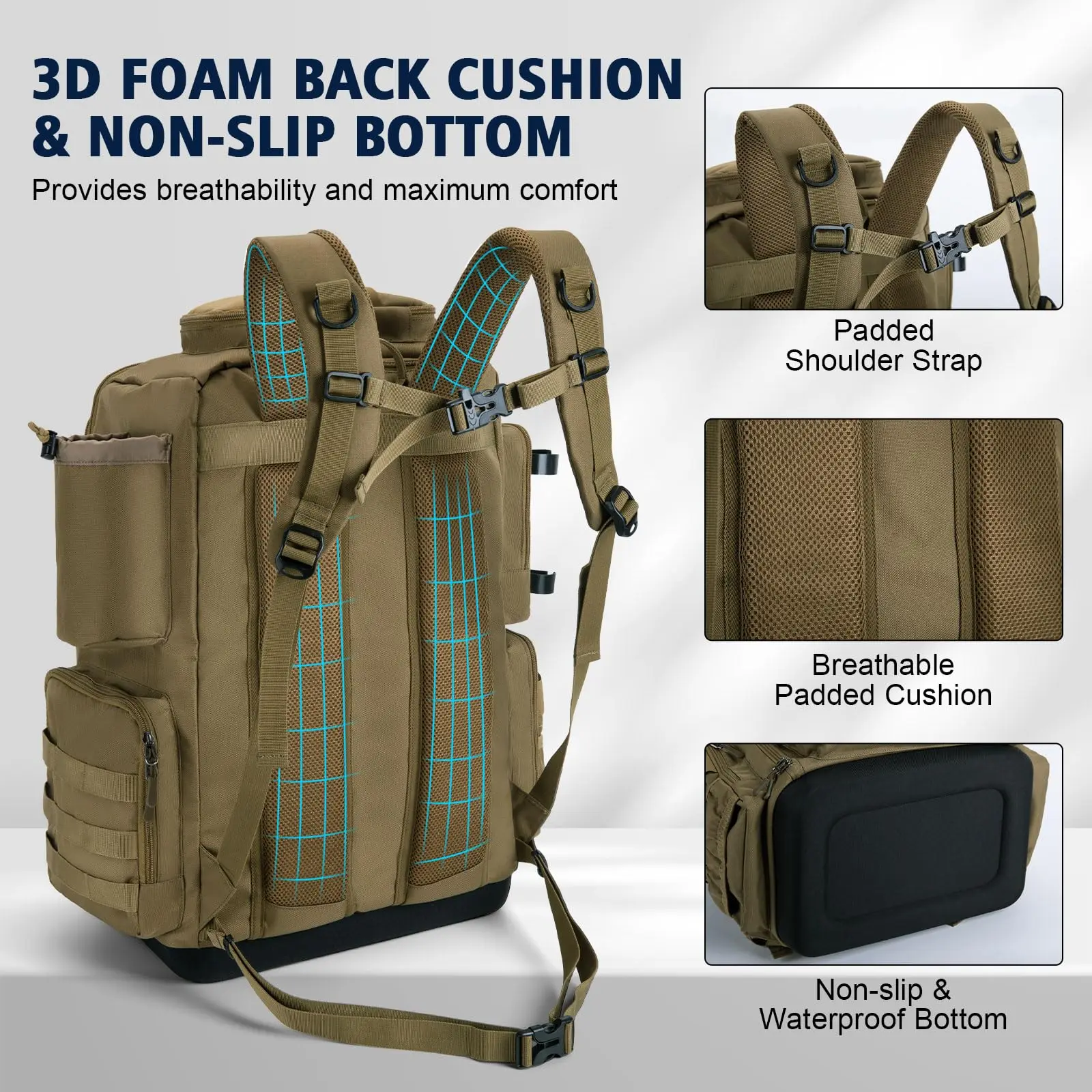 Mochila de pesca Goture con 4 3700 cajas de aparejos, bolsa de aparejos de pesca con fondo de EVA IPX de 55L con soporte para caña, con 8 bolsillos para señuelos - imagen 4