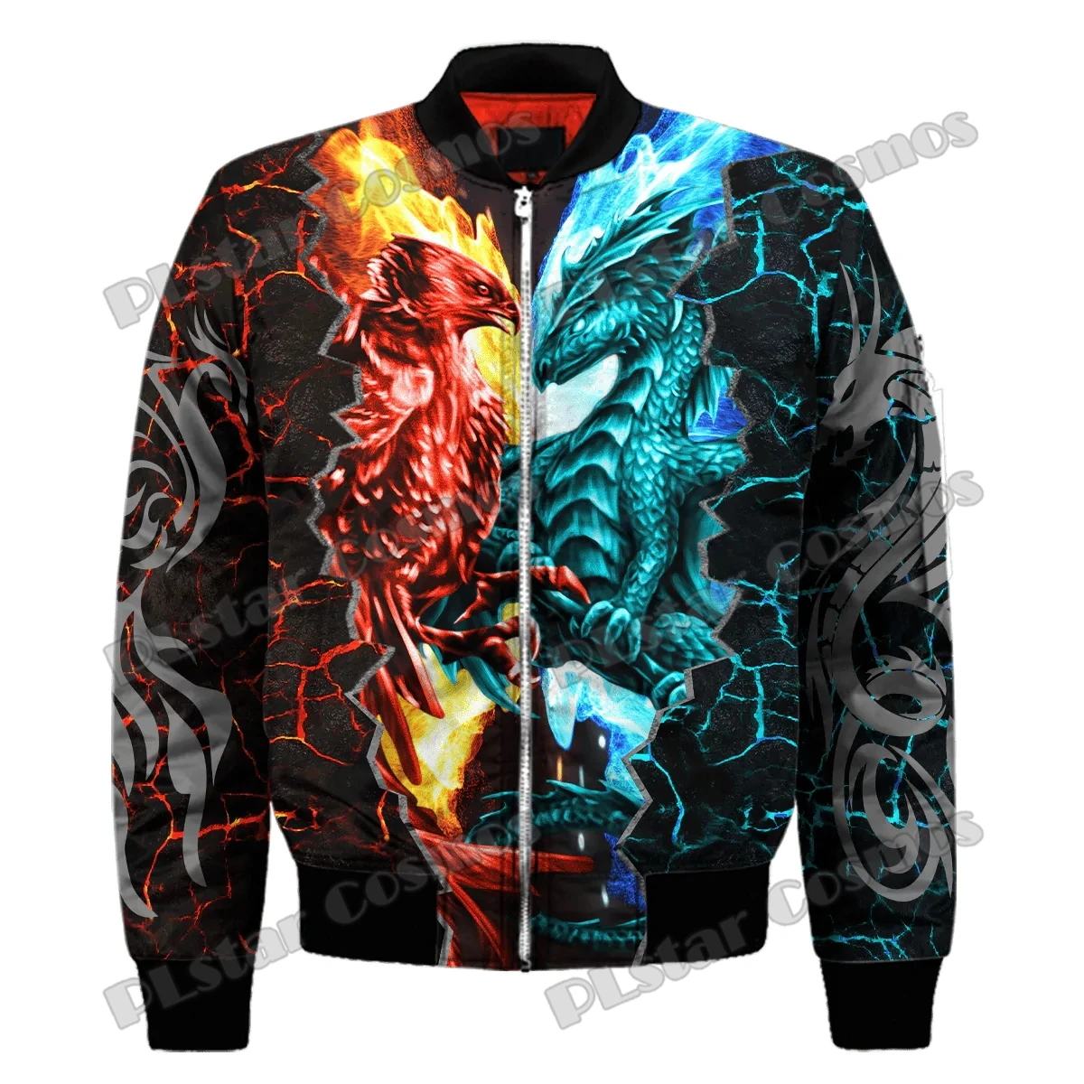 Chaqueta Bomber de invierno para hombre, dragón y Fénix, tatuaje de fuego de hielo, estampado 3D, abrigo grueso con cremallera y bolsillo, chaqueta informal cálida con cremallera, FX-10 - imagen 4