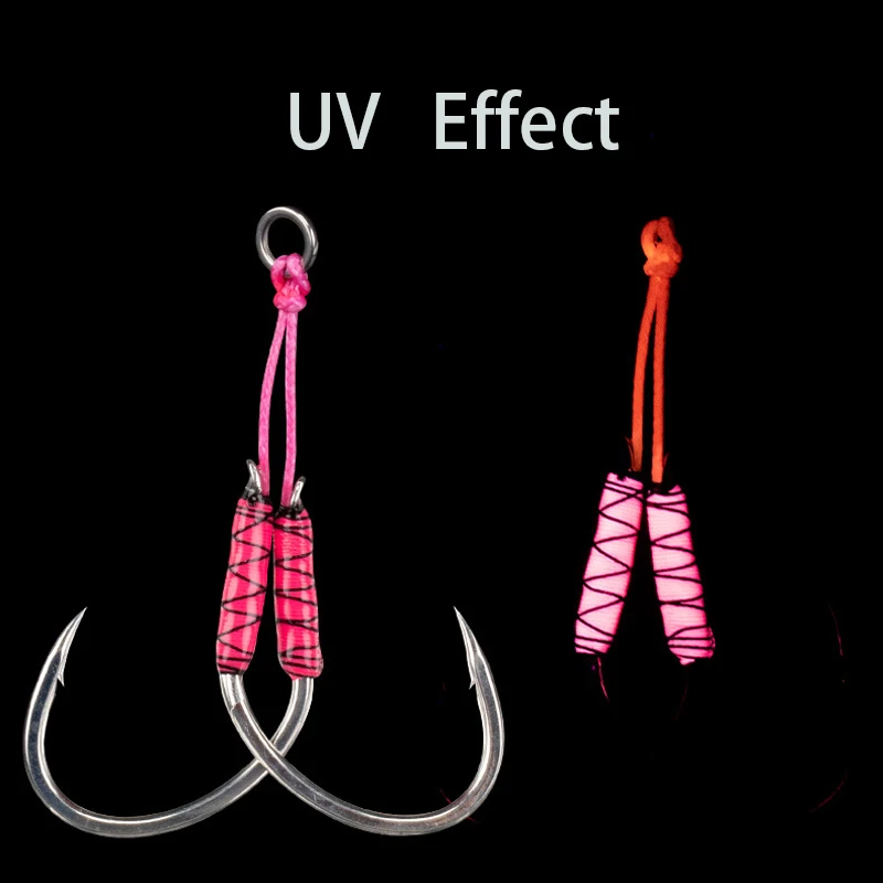 2 par/bolsa plantilla UV anzuelos de asistencia de doble púas anzuelos de señuelo accesorios de señuelo de pesca de acero alto en carbono anzuelos de Jigging lento pesca - imagen 4