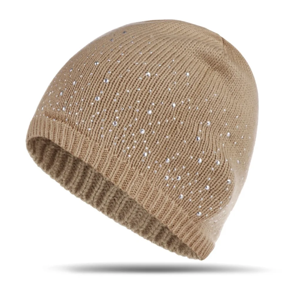 Gorro de punto informal, elegante y brillante para mujer, gorro de punto cálido de algodón, gorros con decoración de diamantes de imitación suaves, gorro Unisex - imagen 2