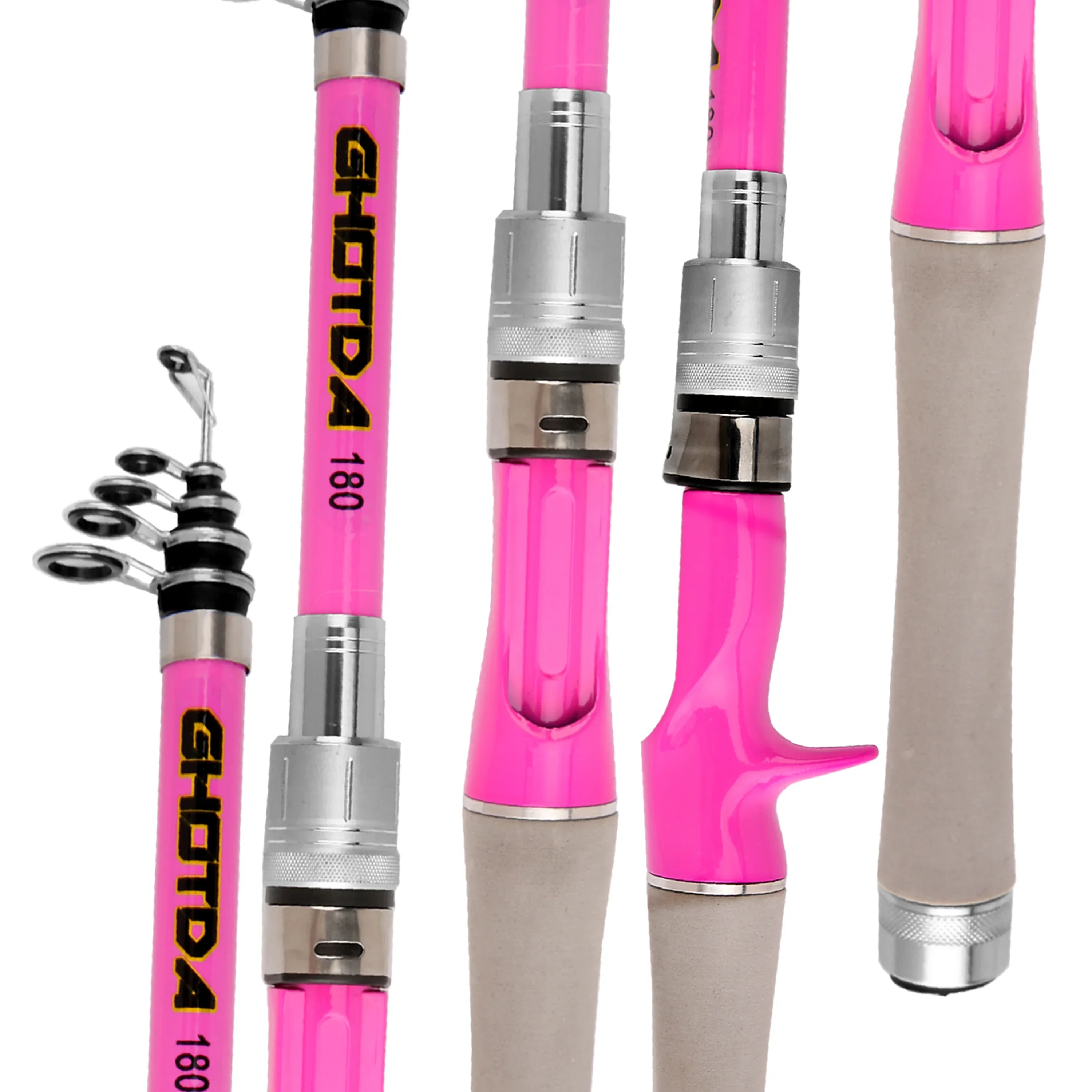 Mini caña de pescar telescópica corta, señuelo de pesca rosa, 1,5 m, 1,8 m, 2,1 m, 2,4 m, varillas de plantilla giratorias/fundidas portátiles, fibra de carbono para viaje - imagen 5