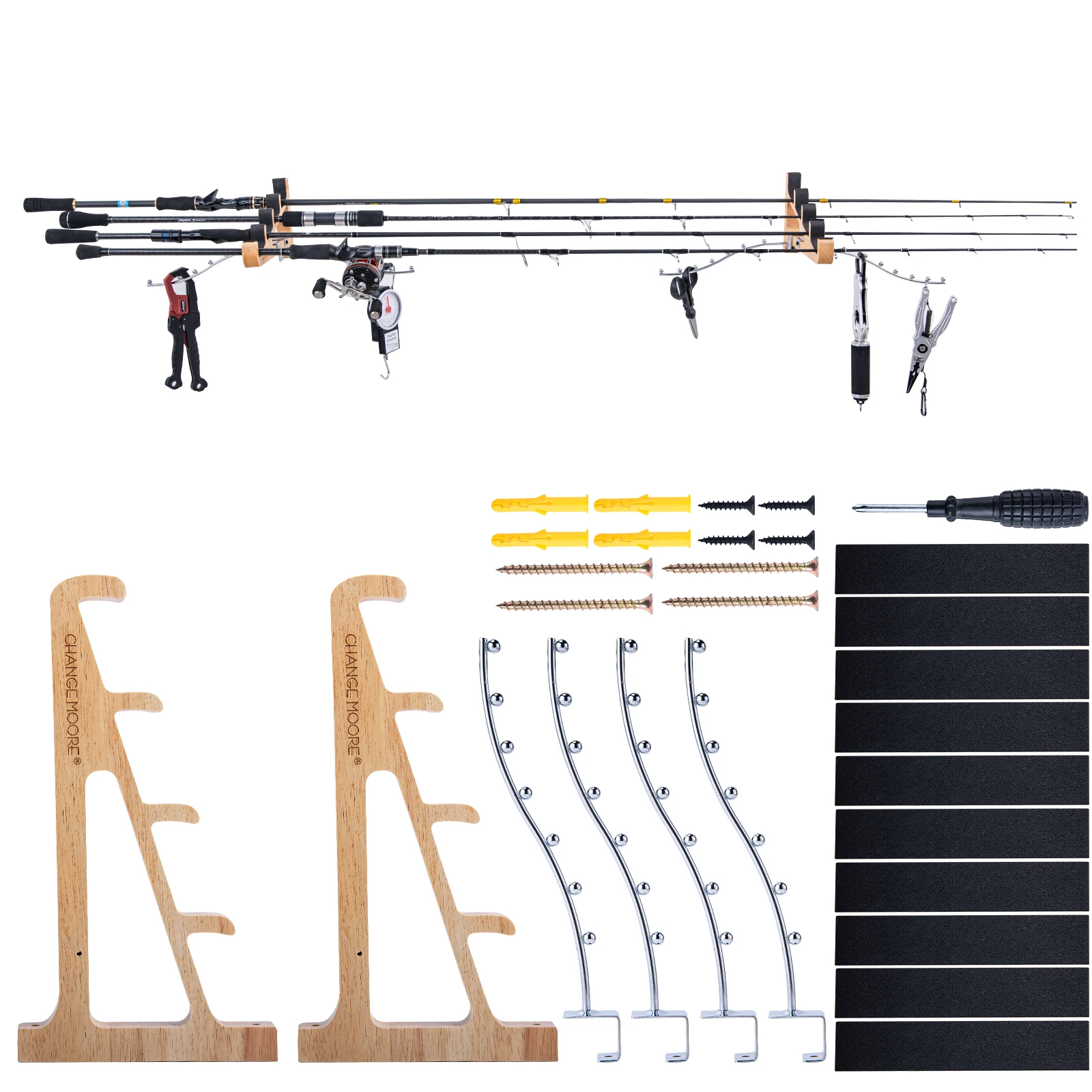 Goture Organizador de caña de pescar montado en la pared, estante de madera maciza con ganchos en S, montaje fácil que ahorra espacio, exhibición de almacenamiento de caña de pescar - imagen 2
