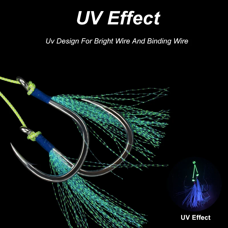 OBSESSION HK035 2 unids/bolsa anzuelo de pesca doble de acero rico en carbono agua salada UV anzuelos de ayuda de Jigging lento anzuelo de pesca de plumas brillantes - imagen 5