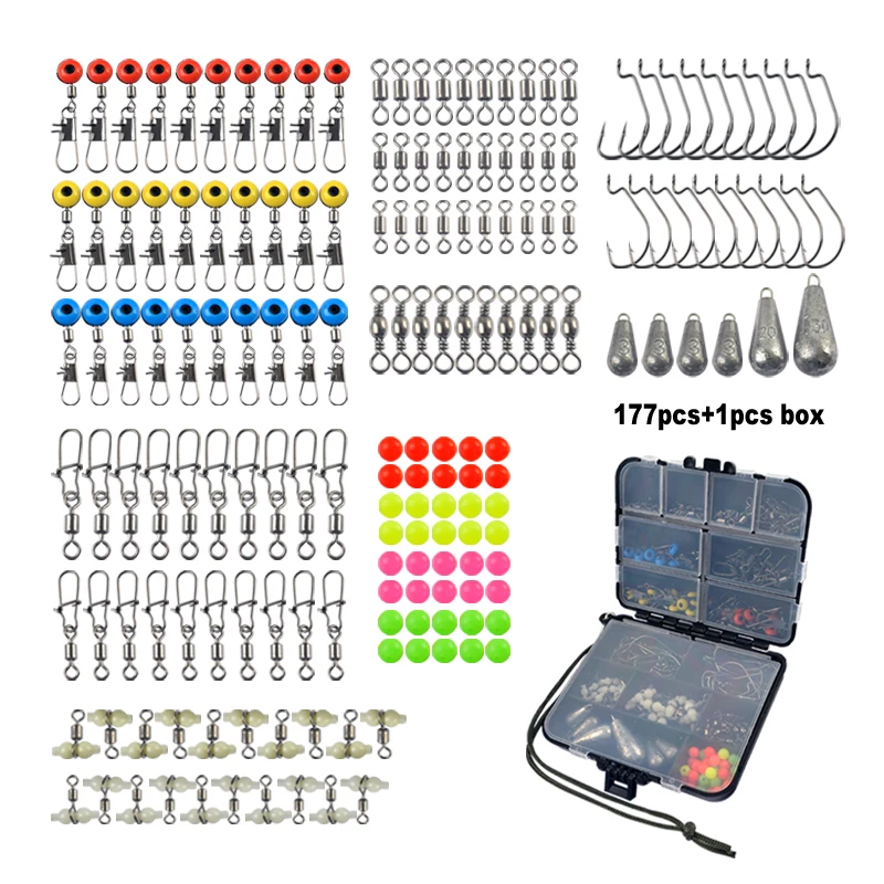 Juego de accesorios de pesca, 177 Uds., gancho de manivela, plomo, giratorios, conector a presión, cuentas luminosas, herramienta de pesca en el mar con caja de aparejos - imagen 3