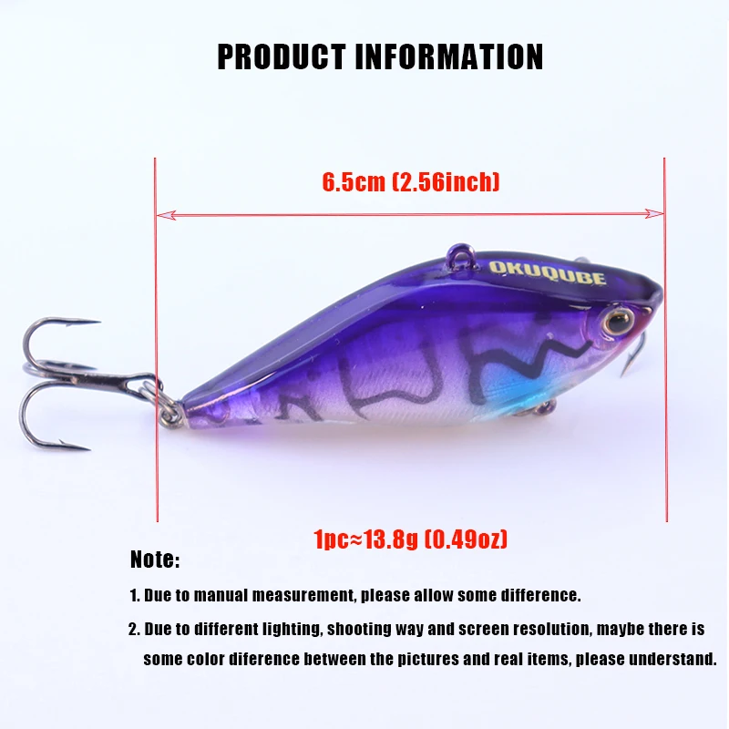 1 señuelo de pesca 6,5 cm 13,8g duro VIB vibración cebo 3D ojos púas anzuelos triples que se hunden Minnow señuelo para pesca de trucha lubina - imagen 2