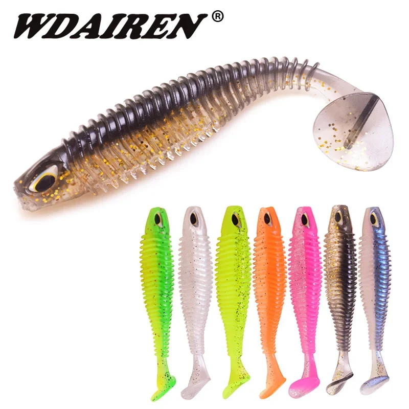 Cebo suave de silicona con ojos 3D, 8cm/11cm, cola en T, Señuelos de pesca Jigging, Wobblers, doble Color, Lucio, aparejos de Swimbait artificiales