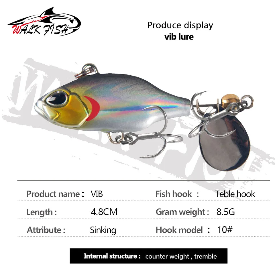WALK FISH-señuelo de Pesca con vibración VIB, cebo giratorio de 48mm y 8,5g, cuchara, anzuelos, Tractor, aparejos de cola rotatoria - imagen 3