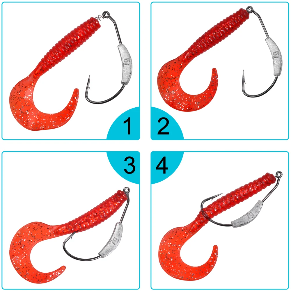 20 unids/caja de anzuelos de natación ponderados con bloqueo giratorio, Kit de anzuelos de pesca con cabeza de anzuelo sin malezas para agua salada, anzuelos de gusano de plástico suave de amplia espacio - imagen 4