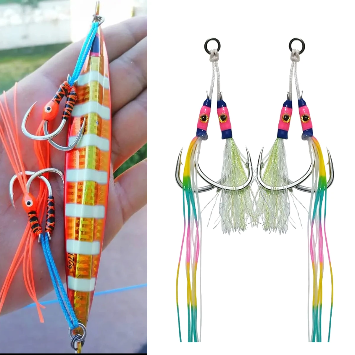 Anzuelo de plumas de plantilla de Metal 1/0 2/0 3/0 4/0 5/0 6/0 anzuelo de Jigging lento anzuelo de pesca anzuelos de asistencia anzuelos de pescado anzuelo doble - imagen 2