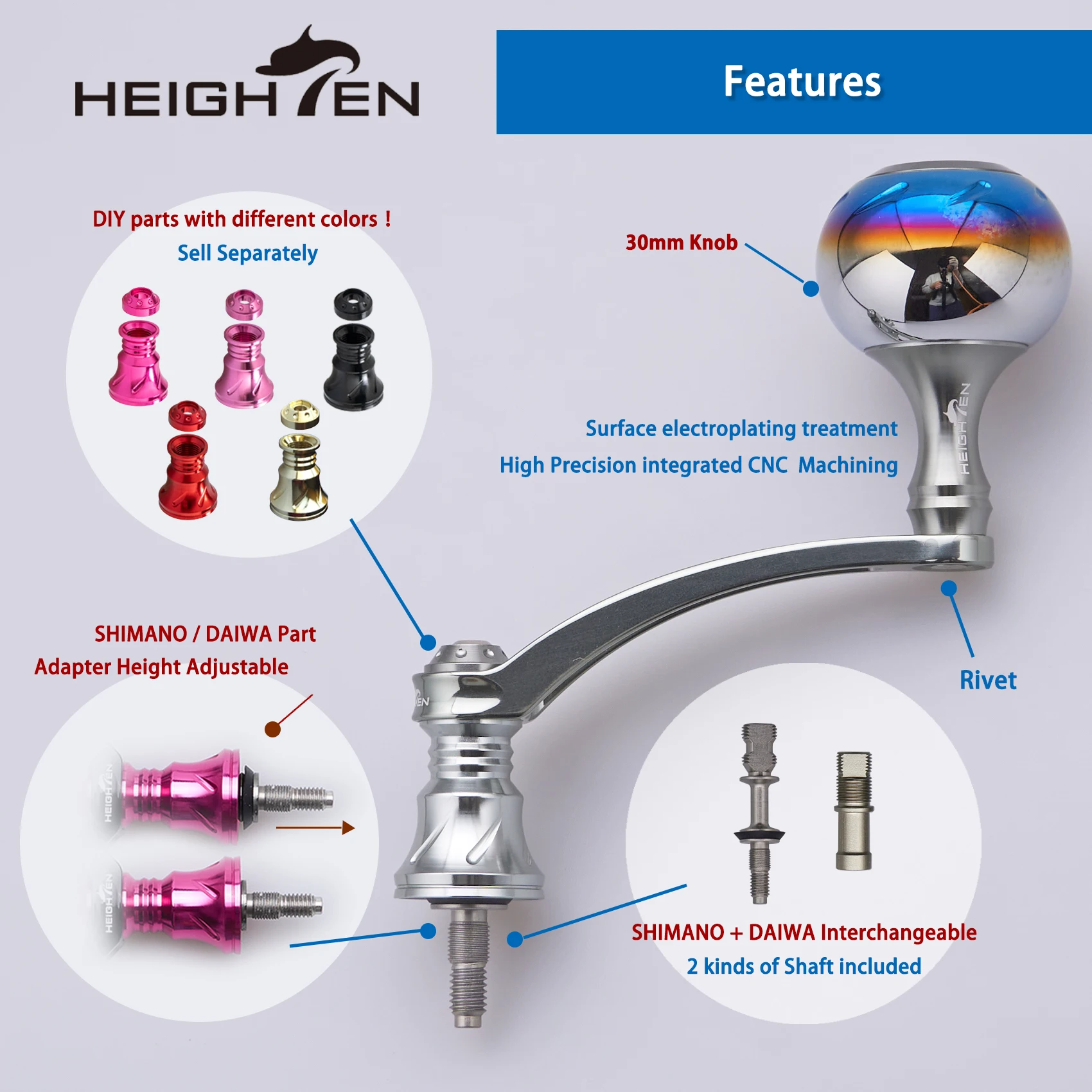 HEIGHTEN Mango de carrete giratorio de 56mm con perilla de 30mm para Daiwa Luvias Shimano Vanford Twin Power