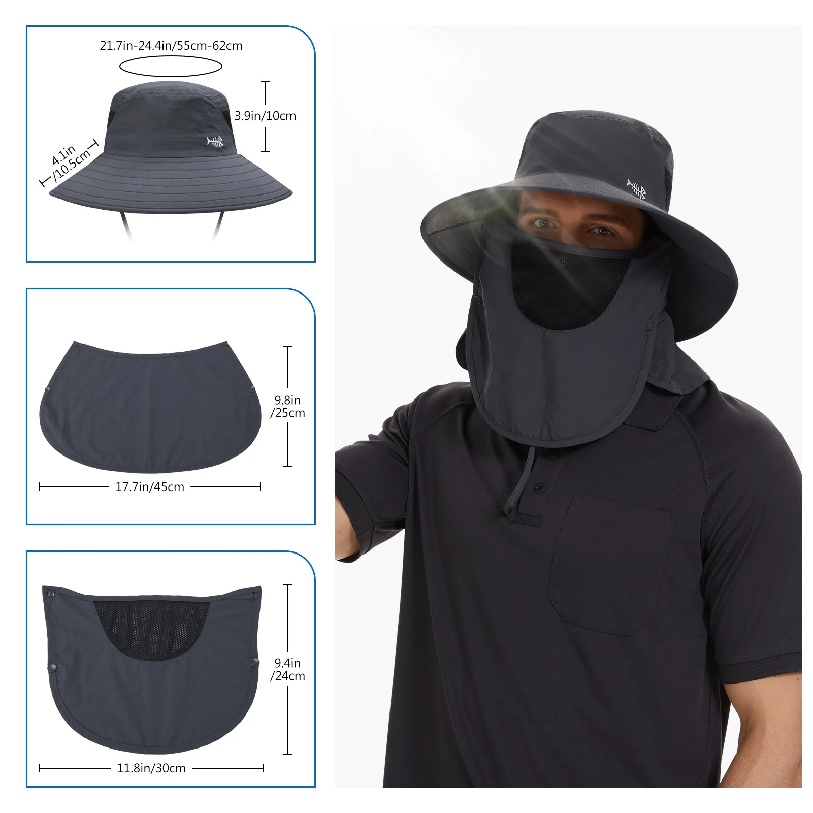 Bassdash UPF 50 + sombrero de sol transpirable con cubierta facial extraíble y solapa para el cuello, sombrero de cubo de ala ancha resistente al agua Unisex - imagen 4