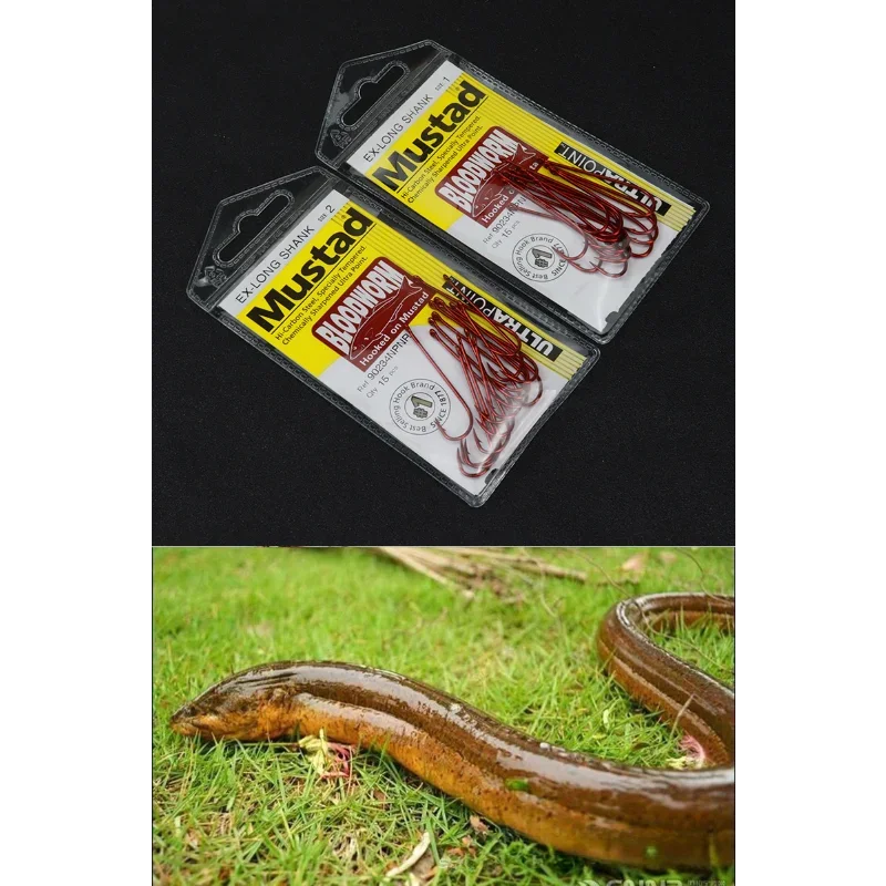 Mustad Gancho de mango largo 90234 Anguila Live Bait Bloodworm Mango recto Gancho de mango largo - imagen 3