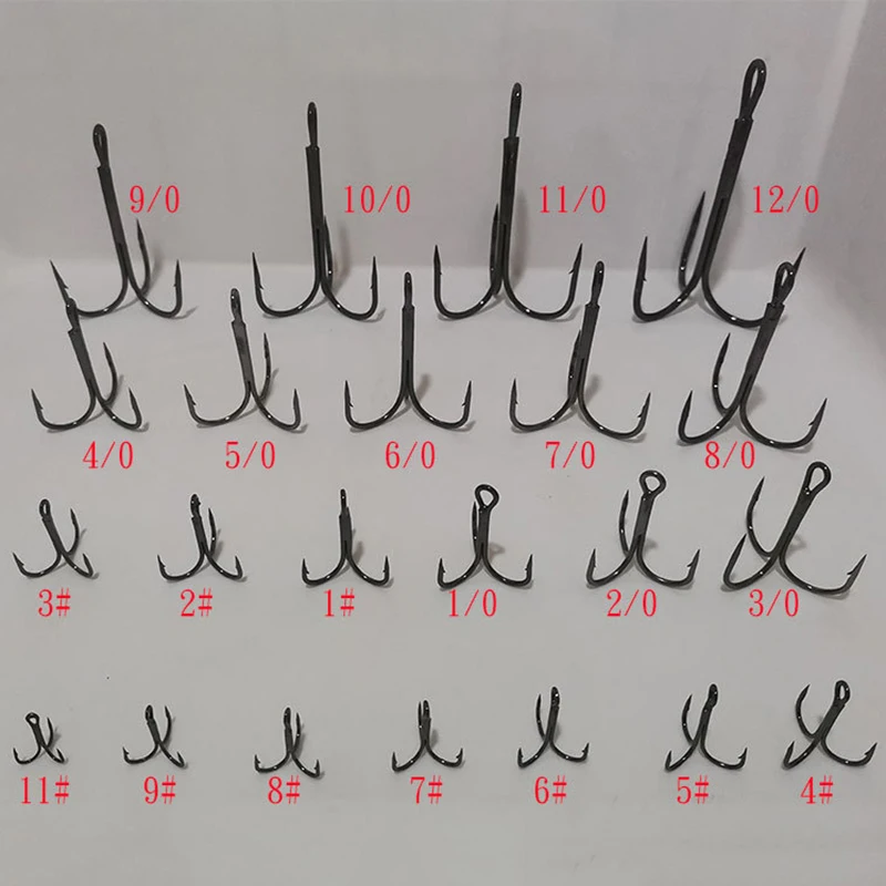 100 unids/lote anzuelos 2 #   4 #   6 #   8 #   10 #   Anzuelo de pesca negro, anzuelo triple volteado de acero rico en carbono, accesorios de pesca, productos para lubina - imagen 5